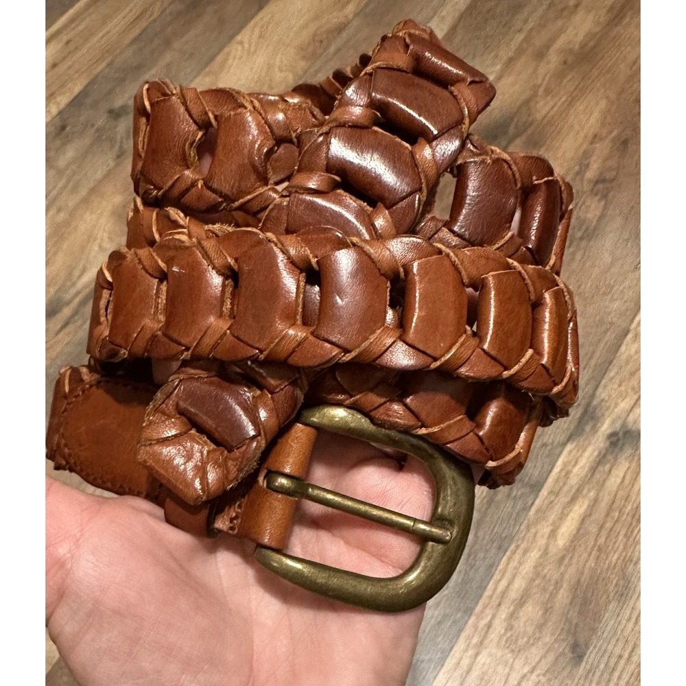 Genuine Italian Leather Woven Brown Belt Brass Buckle S 42 Adjustable Men Women